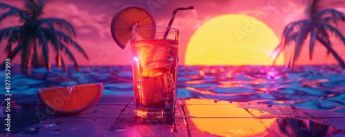 Margarita cocktail with lime slice garnish on background of palm leaves. Retrowave, synthwave style. Alcoholic drink for neon summer party. Refreshing beverage concept. Banner with copy space