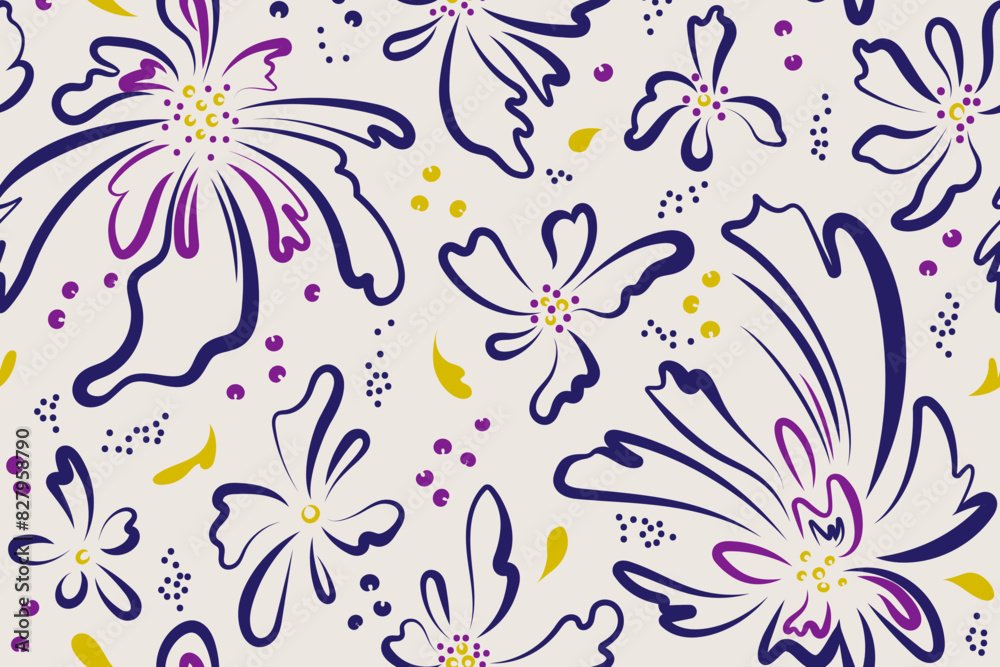 Flowers and plants are drawn with colored ink. Simple line art illustration. Seamless pattern with abstract floral print. Creative artistic texture for fabric, packaging, textiles, wallpaper, clothing Flowers and plants are drawn with colored ink. Simple line art illustration. Seamless pattern with abstract floral print. Creative artistic texture for fabric, packaging, textiles, wallpaper, clothing