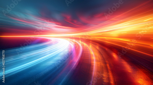 Colorful vibrant neon light stripes and dots, luminous lighttail stripes on a dark moody background, futuristic design, modern light art