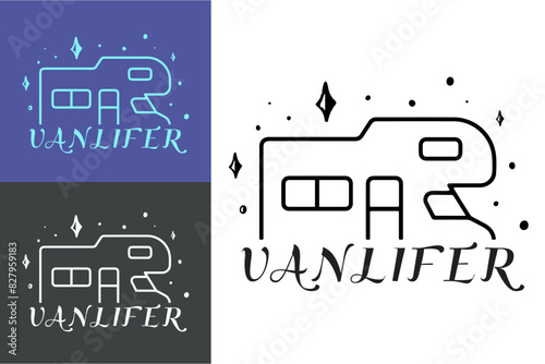 Vanlifer van life lettering decor set. Mountains, sunset and forest landscape cute hand drawn vintage illustration road trip lifestyle. Minimalist retro vector text for clothing and printable products