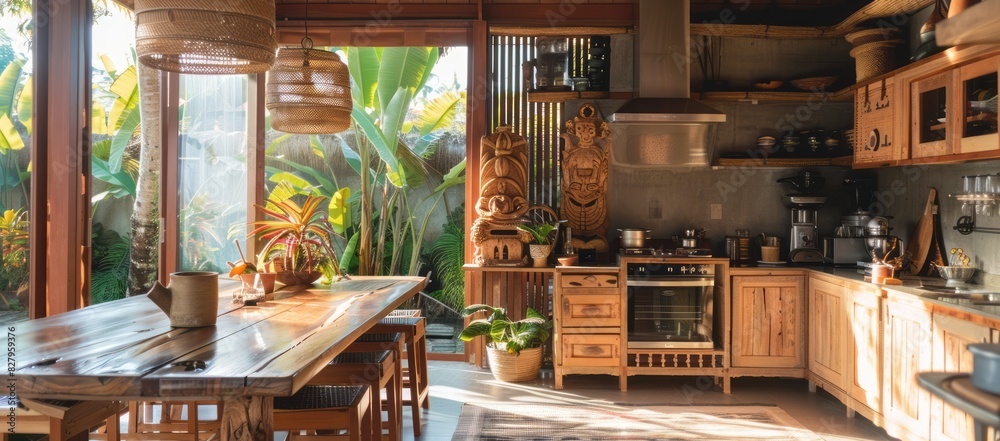 Ethnic kitchen interior with Balinese influences, featuring exquisite wooden carvings that depict traditional motifs and cultural stories