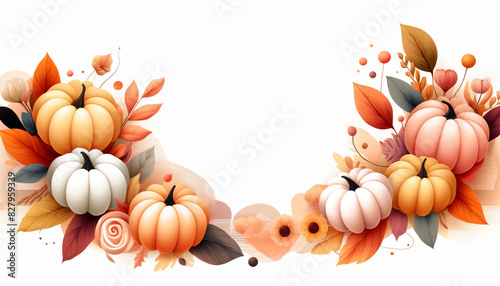 Elegant Pastel Pumpkins and Leaves: A Soft, Dreamy Autumnal Display on white background.
