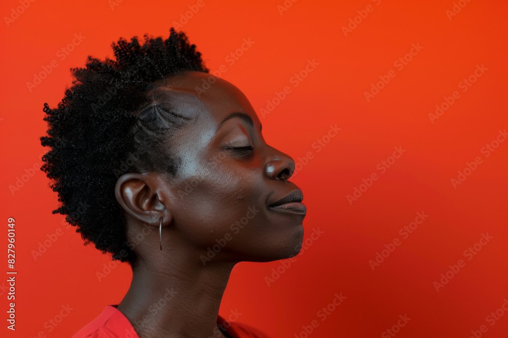 A close up of a black woman's face with her eyes closed looking to a side A close up of a black woman's face with her eyes closed looking to a side