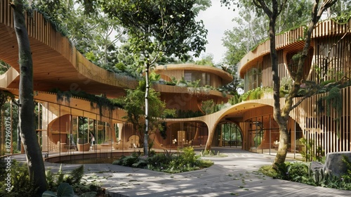 modern wooden futuristic residential building with curved shapes design and plants  contemporary home interior with green vegetation  balance of architecture and nature concept