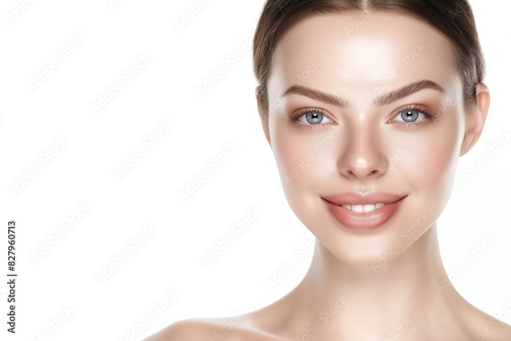 close up face portrait of young pretty Caucasian woman with bright flawless skin, beauty cosmetic or skincare fashion portrait with copy space isolated on white background, close up face portrait of young pretty Caucasian woman with bright flawless skin, beauty cosmetic or skincare fashion portrait with copy space isolated on white background,