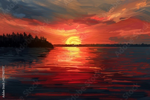 A painting capturing the sun setting over a tranquil lake, casting warm hues and reflections on the water. Generative AI © Анатолий Савицкий
