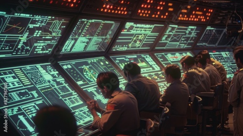 A group of controllers huddled around a screen discussing potential route changes and flight patterns. photo