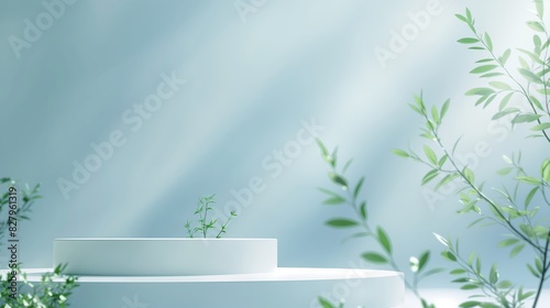 Pristine White Podium with Soft Blue Background and Green Plants for Health and Wellness Products