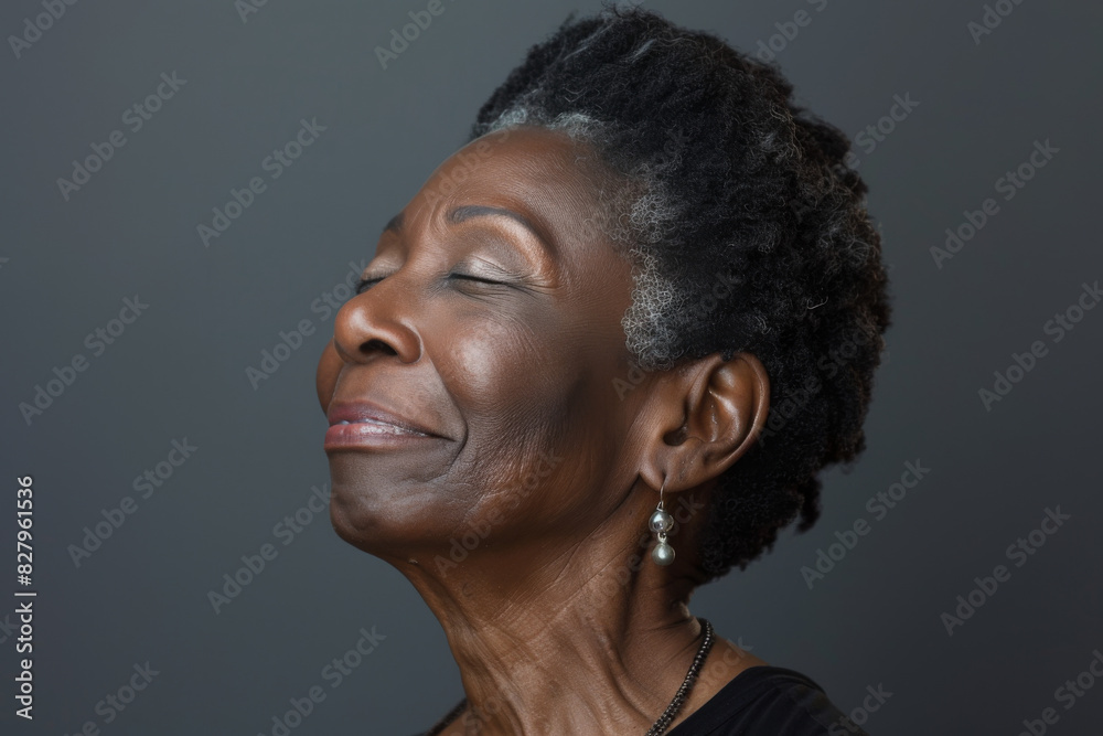A close up of a black woman's face with her eyes closed looking to a side A close up of a black woman's face with her eyes closed looking to a side