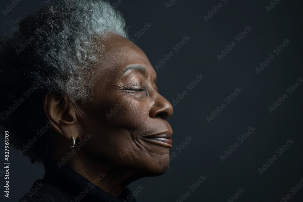 A close up of a black woman's face with her eyes closed looking to a side A close up of a black woman's face with her eyes closed looking to a side