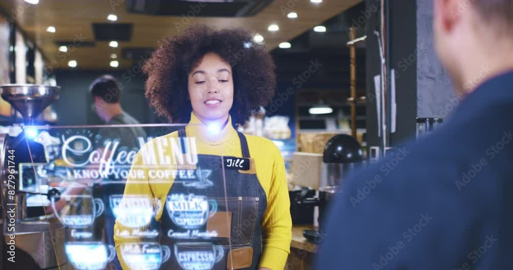 Beautiful Barista Woman Servicing Client At Cafe Bar Futuristic Hud Display Menu Wireless Payment Near Future Concept Red Epic 8K Beautiful Barista Woman Servicing Client At Cafe Bar Futuristic Hud Display Menu Wireless Payment Near Future Concept Red Epic 8K