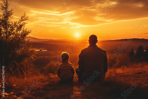 Father s day  child on father s shoulders  enjoying sunset view while walking outdoors