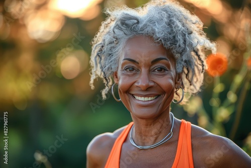 An image of a joyful African American woman over 50 years old engaged in physical exercise. She is smiling brightly, showcasing a sense of vitality and health. She might be in workout clothes, either 