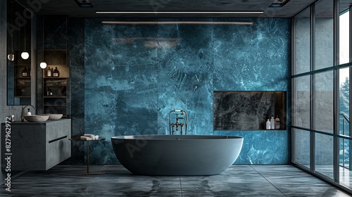 The elegant bathroom has a dark gray marble floor and a freestanding bathtub set against a blue marble wall. With an embossed mirror located on the right side.