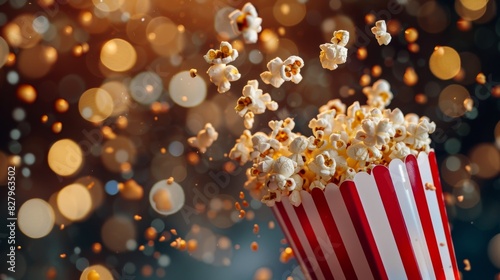 Popcorn explosion in striped red and white bucket with festive bokeh background
