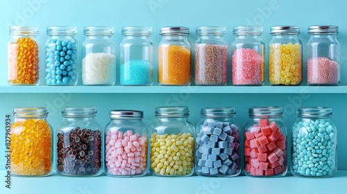 Wallpaper Mural Vibrant collection of assorted candies in glass jars on a blue background Torontodigital.ca