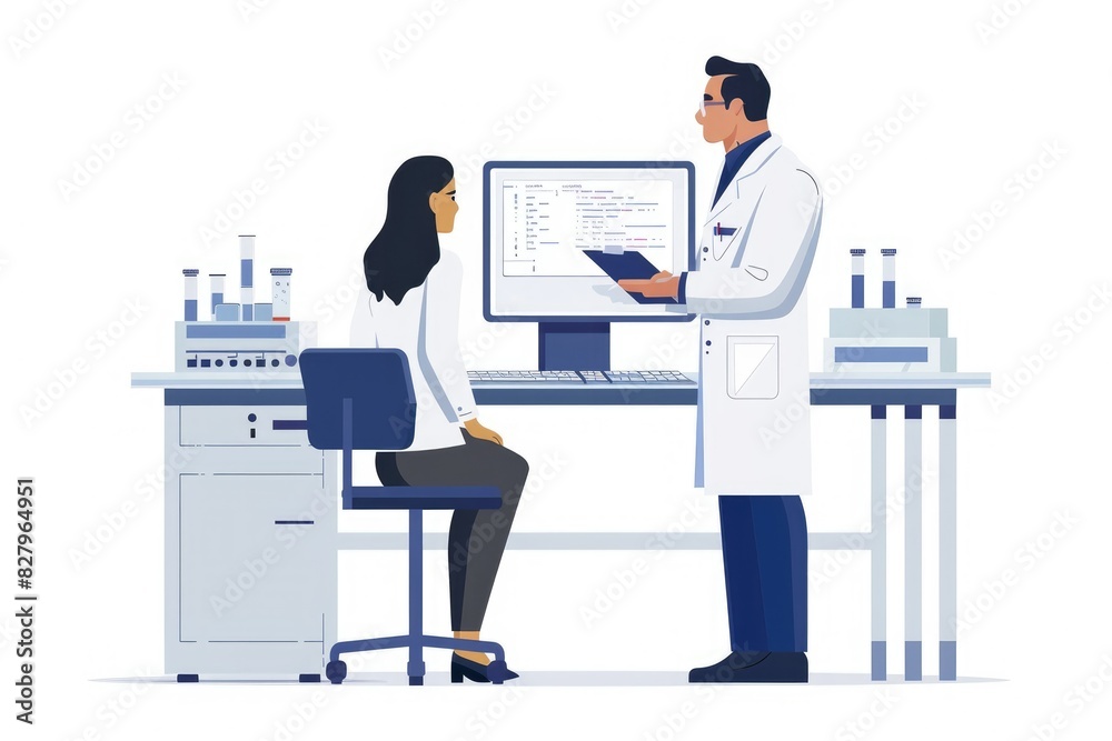 A desk with a monitor and keyboard, a woman with long hair and dark leggins sits in front of it on an office chair. Next to her stands a male researcher in a lab coat with a clipboard in his hand, exp
