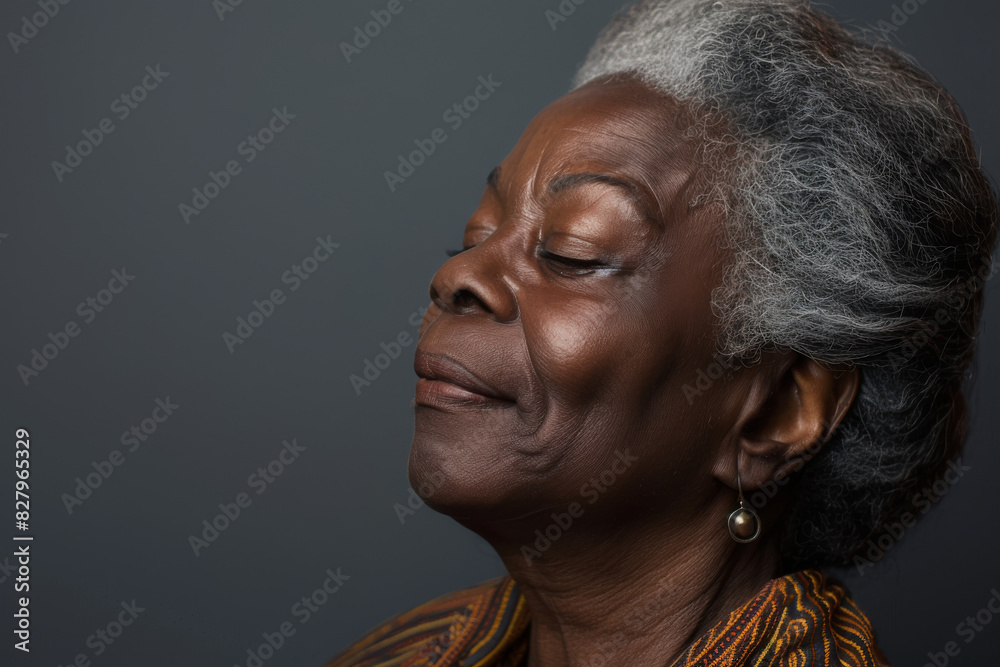 A close up of a black woman's face with her eyes closed looking to a side A close up of a black woman's face with her eyes closed looking to a side