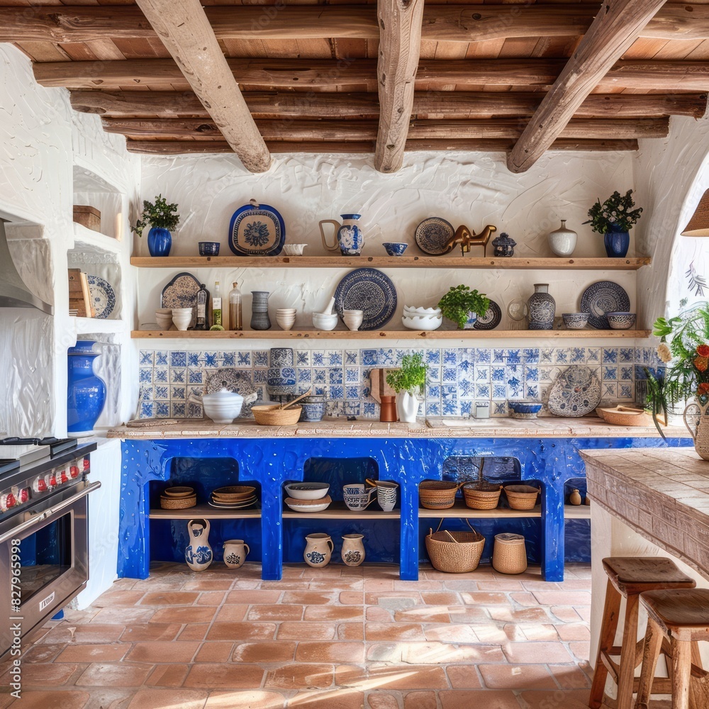 Ethnic kitchen design incorporating the serene hues of the Mediterranean, with a harmonious blue and white color scheme