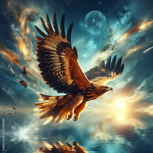It flies in the air at height. Golden eagle flying around sunset. eagle in flight. eagle in the sky. eagle. golden eagle. eagle flying. Aquila chrysaetos. bald eagle. Accipitridae. Philippine eagle,   photo