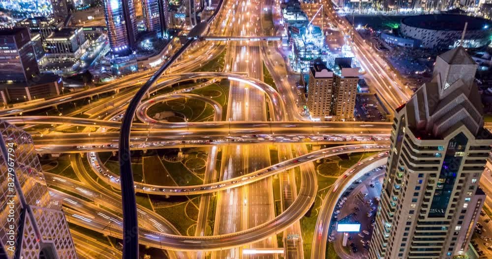 Drone Flight Over Urban Junction Overpass At Night Rush Hour Traffic City Panorama Dubai Business District Low Light Uhd Hdr 4k