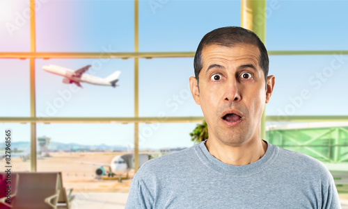 Portrait of a shocked young man at the airport.