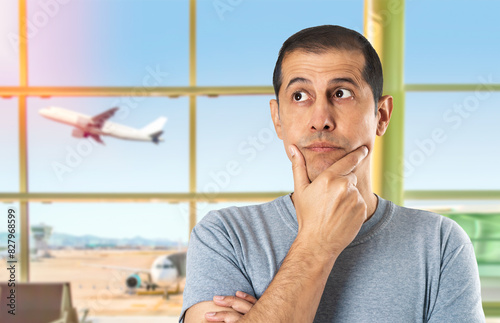 Portrait of a man in doubt with an airport in background and copy space