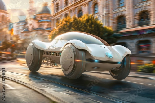 Futuristic car in an urban street, highlighting modern design, advanced technology, and innovative transportation in a dynamic city environment