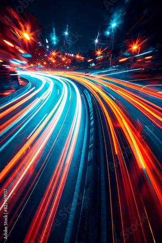 abstract movement of glowing lines from vehicles  background with copy space