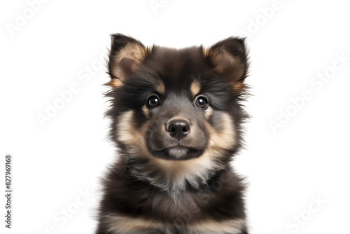 Cute Finnish Lapphund puppy looking at camera. Head close-up portrait of Finnish Lapphund dog. White Isolated background. Generative AI