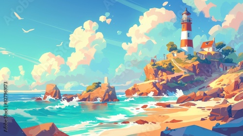 Wallpaper Mural Experience a vibrant lighthouse seascape in a colorful style featuring a nautical navigation tower perched on a rocky coast beneath a cloudy sky The scene also includes an ocean beach with a Torontodigital.ca