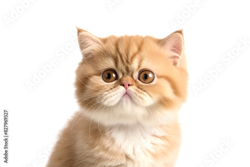 Cute exotic shorthair kitty looking at camera. Head close-up portrait of exotic shorthair cat. White Isolated background. Generative AI