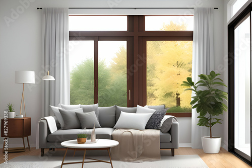 Cozy living room interior with large window and white poster © Matan