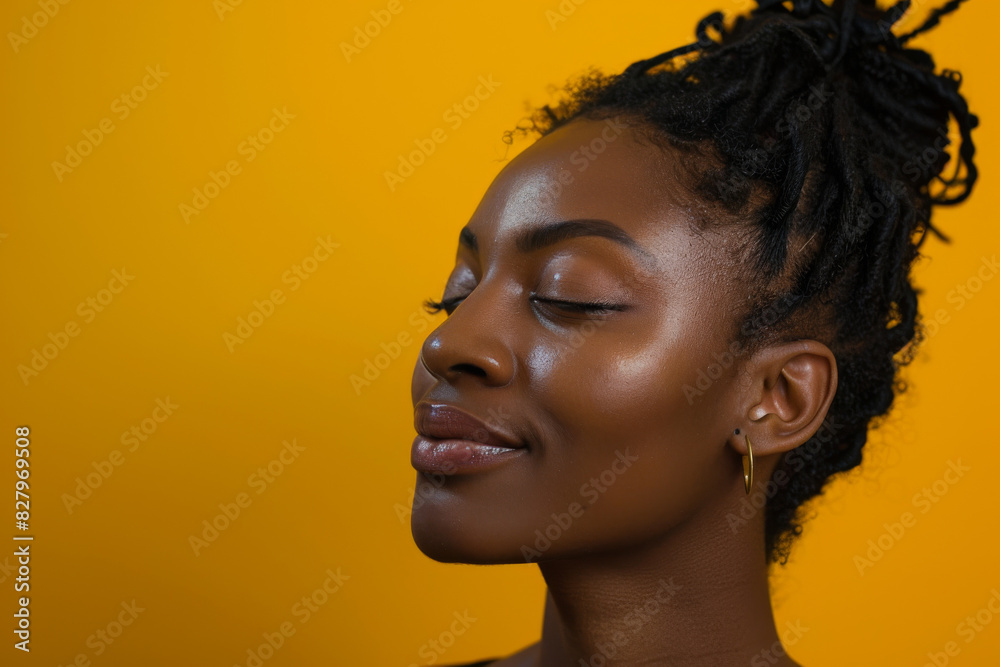 A close up of a black woman's face with her eyes closed looking to a side A close up of a black woman's face with her eyes closed looking to a side