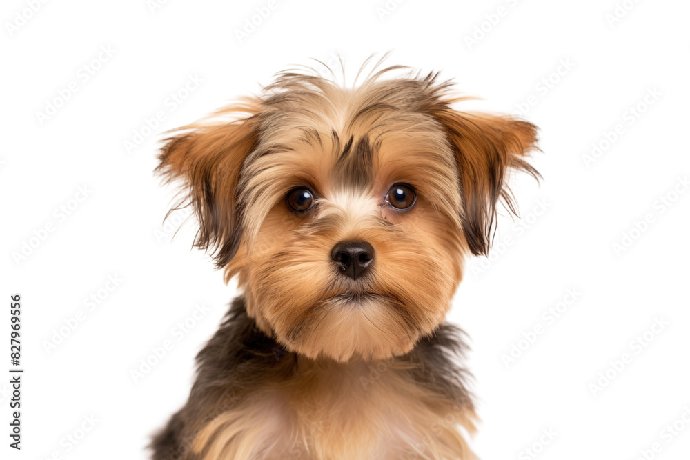 Cute Shorkie puppy looking at camera. Head close-up portrait of Shorkie dog. White Isolated background. Generative AI Cute Shorkie puppy looking at camera. Head close-up portrait of Shorkie dog. White Isolated background. Generative AI