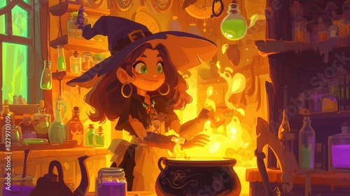 A charming young witch is concocting a potion in her bubbling cauldron at a festive Halloween kids party This scene is beautifully captured in a delightful 2d illustration
