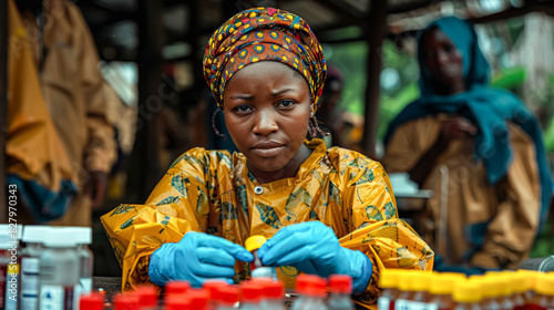 A woman in a yellow lab coat is working with medical supplies. She is wearing gloves and a head scarf