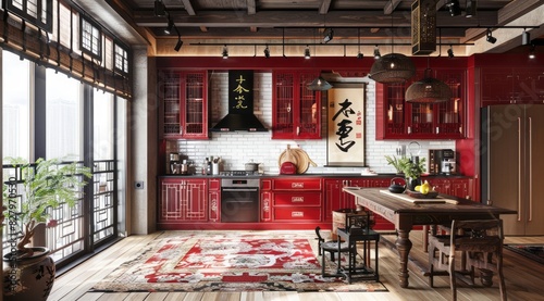Ethnic kitchen interior with Chinese red lacquered cabinets photo