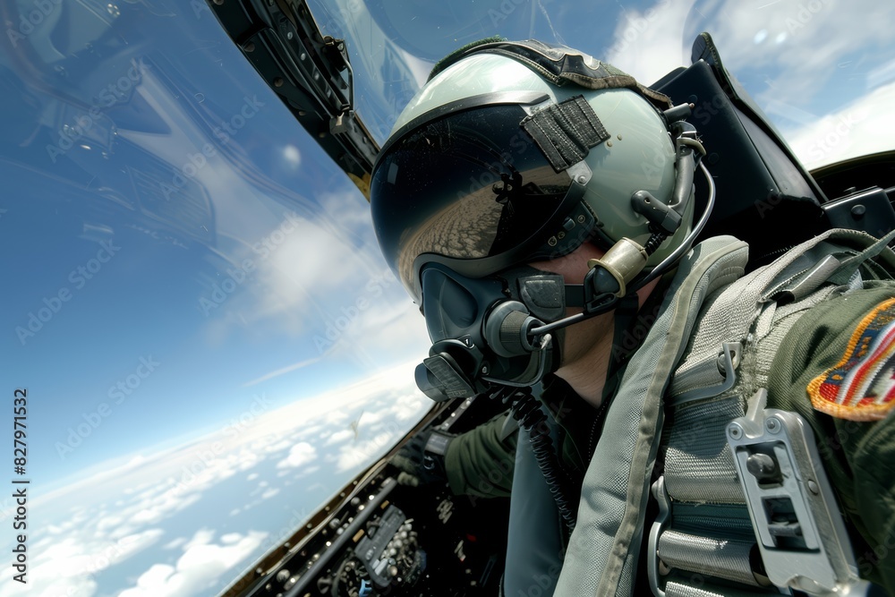 Fighter Pilot in Cockpit at High Altitude with Aviation Gear and Clear Sky Fighter Pilot in Cockpit at High Altitude with Aviation Gear and Clear Sky