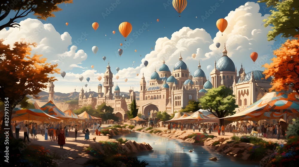 Naklejka premium Celebrating eid mubarak al adha: vibrant illustration of joyful community gathering