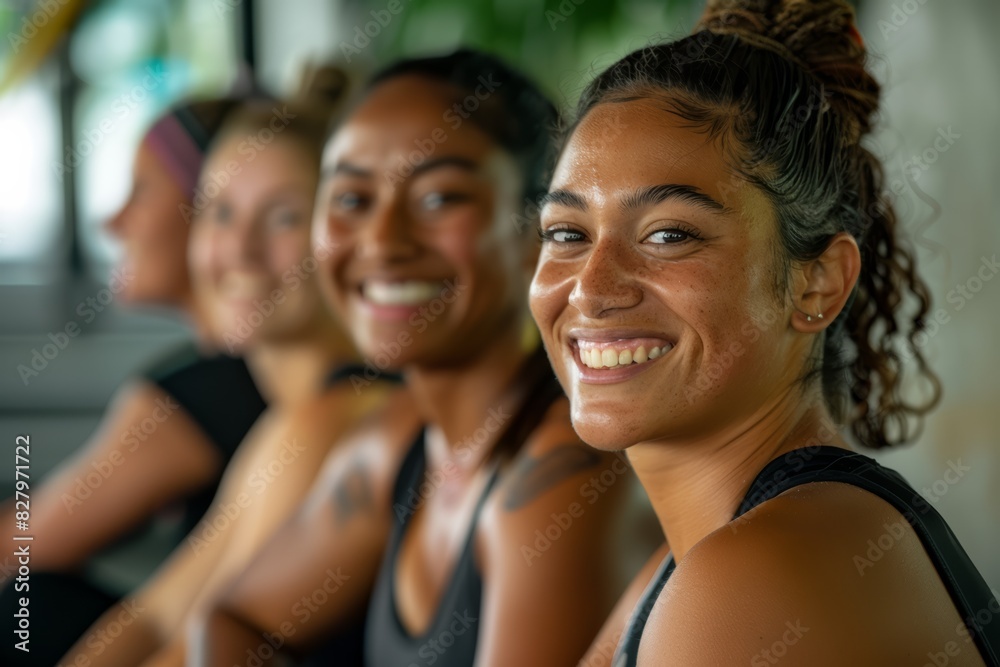 Happy Women in Fitness Group Smiling Close-Up, Active Lifestyle and Wellness, Indoor Training and Positivity Happy Women in Fitness Group Smiling Close-Up, Active Lifestyle and Wellness, Indoor Training and Positivity