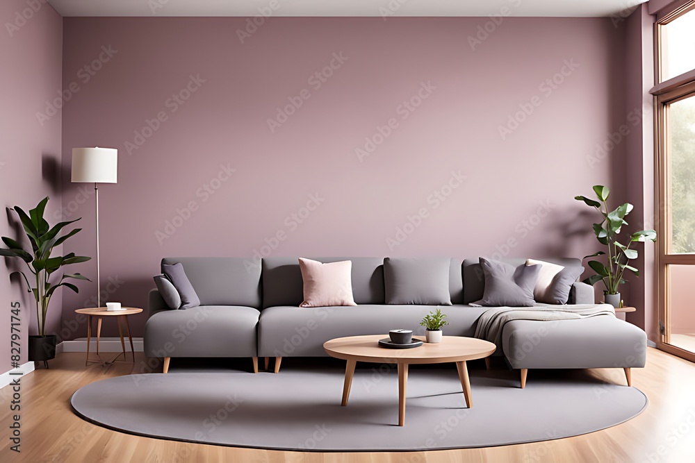 Luxury Living Room in Warm Colors: Elegant Brown Beige Walls, Light Gray Furniture, Microcement Art Background, Rich Interior Design, 3D Office Reception Mockup