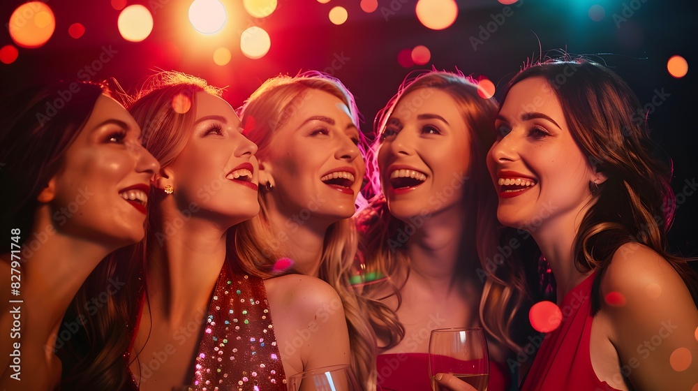 Hen party with bride and gal pals. Bridal celebration outdoors. Spending time with female friends Hen party with bride and gal pals. Bridal celebration outdoors. Spending time with female friends