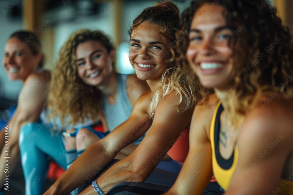 Fototapeta premium Happy Women in Gym Fitness Group, Smiling and Exercising Together, Active Lifestyle and Wellness