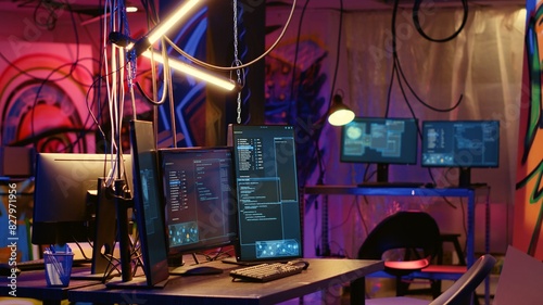 Programming language on PC screens in empty messy hackers base of operations with grunge graffiti drawings sprayed on walls. Neon lit ghetto hideout used by criminals to commit illegal activities