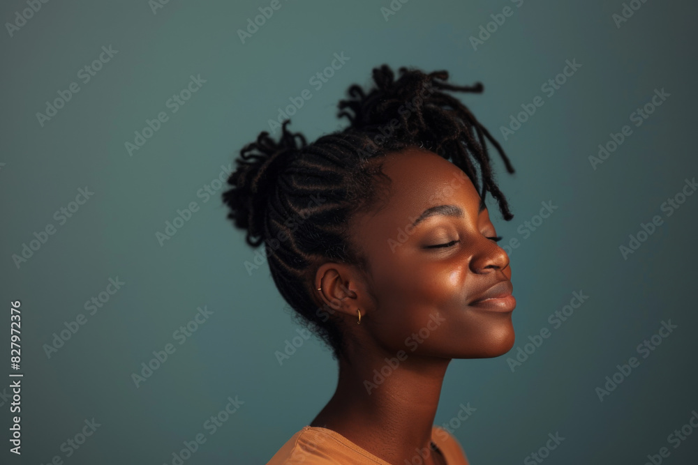 A close up of a black woman's face with her eyes closed looking to a side A close up of a black woman's face with her eyes closed looking to a side