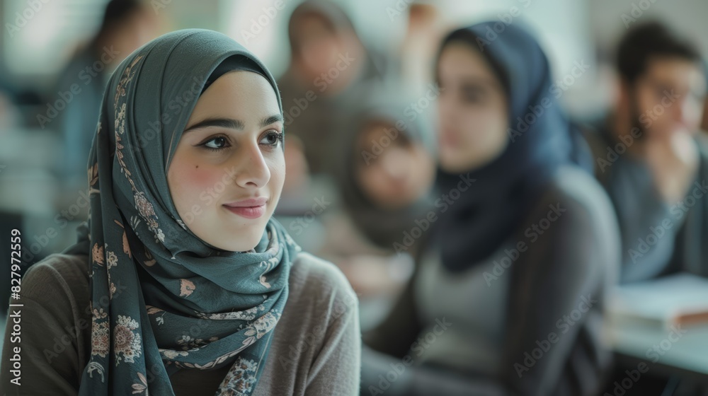 Arab Female Student in Hijab Studying Attentively in Classroom Environment Arab Female Student in Hijab Studying Attentively in Classroom Environment