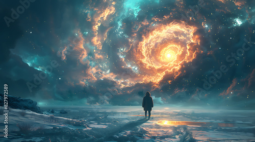 illustration of cosmic traveler journeying through multiverse exploring parallel dimensions alternate realities alternate timelines quest unlock secrets of existence and the nature of reality itself photo