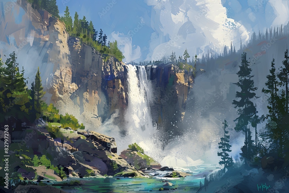 A painting depicting a powerful waterfall cascading down a rocky mountainside surrounded by lush greenery. Generative AI A painting depicting a powerful waterfall cascading down a rocky mountainside surrounded by lush greenery. Generative AI