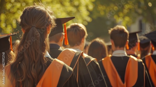 Students in Black and Orange Graduation Robes at an Outdoor Ceremony